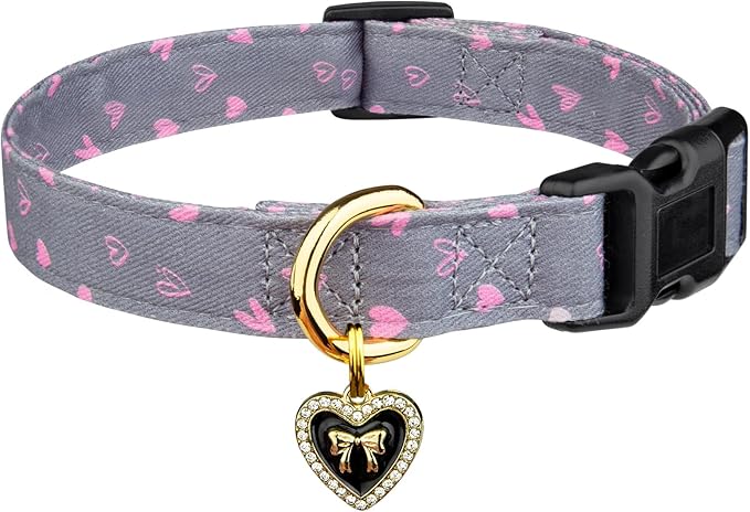 Cotton Handmade Dog Collar Cute and Distinctive Patterns Grey Heart with Pendant for Girl Boy Dogs Collars L