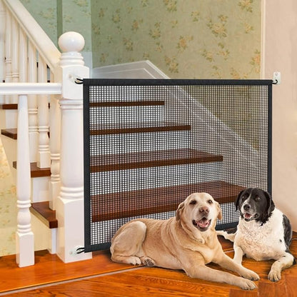 Dog Gate for Stairs Pet Gates for The House: Dogs Screen Mesh Gate for Doorways Stairways Indoor Safety 29 inches Tall, 38 inch Wide .6 Hooks !
