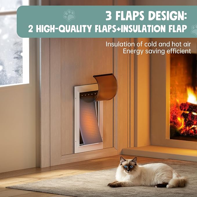Cat Door Interior Door All Aluminum White 3 Flaps, for Exterior Door Small Cat Dog Doggy Doggie Door, Heavy Duty Pet Door, Insulation Flap, Lockable Closing Panel Telescoping Tunnel, Pets Up to 22lbs