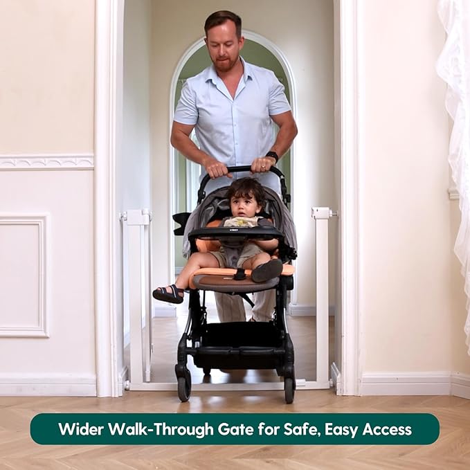 Babelio Baby Gate for Doorways and Stairs, 36-41" Pet Gate with Wide Walk Thru Door and Lock Indicator, No Drill Pressure Mounted Safety Gate with Double Lock and Self-Closing, White
