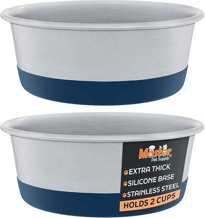 Master Pet Supply Stainless Steel Dog Bowls Set of 2 with Extra Thick Silicone Base - 2 Cup (16 oz) Navy Blue, Non-Slip, Dishwasher Safe Metal Bowls, Pet Dog Food Bowl for Dogs, Cats, Anti Rust