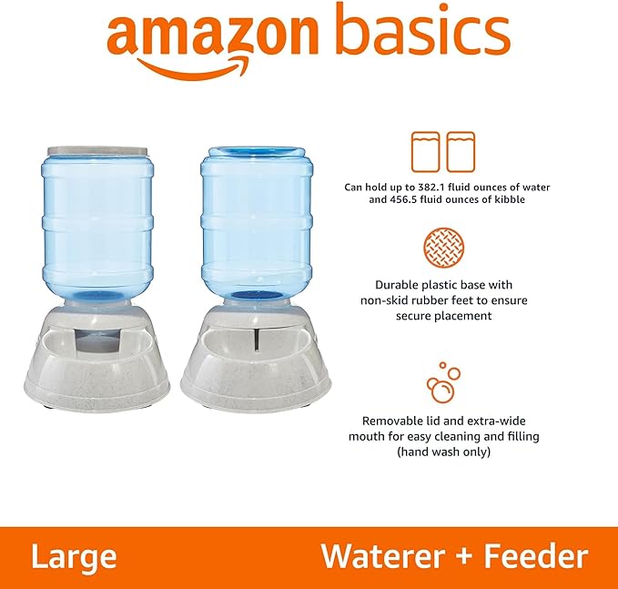 Amazon Basics Large Capacity Automatic Pet Water Dispenser and Gravity Feeder Set, Easy to Clean, 456.6fl.oz Food, 382.1fl.oz Water, Gray