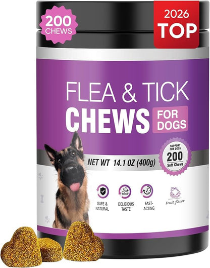 Dog Flea and Tick Treatment Chewable 200 Treatment Chews Natural Soft Chew Fleas Ticks Treatment Dog Oral Chewables Support Supplement Pest Defense Breeds and Ages Dogs Chicken Flavor