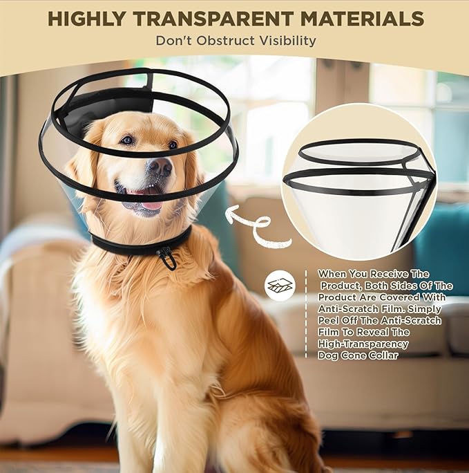 Dog Cone Collar for After Surgery,Transparent Dog Cones Alternative for Small Large Medium Size Dogs,Adjustable Depth Pet Recovery Collars,Elizabethan Collar for Dogs Stop Licking Wound(M)