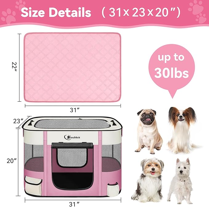 Dog Playpen,Cat Pet Puppy Pen,Portable Playpens for Dogs Indoor Outdoor Travel Camping Use,Foldable Dog Kennel Tent Crate for Rabbit Small Animals with Carrying Case (Pink with Pad, Medium)