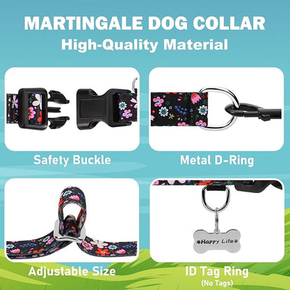 Martingale Dog Collar with Buckle Adjustable Nylon Limited Slip Training Floral Dog Collars (Black Pink Red, Large)