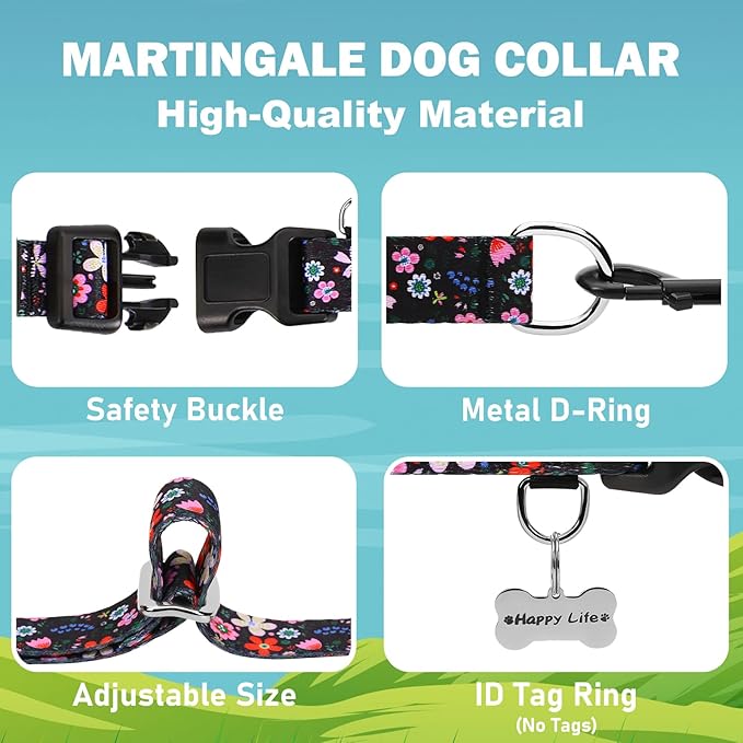 Martingale Dog Collar with Buckle Adjustable Nylon Limited Slip No Pull Training Floral Dog Collars (Black Pink Red, XLarge)