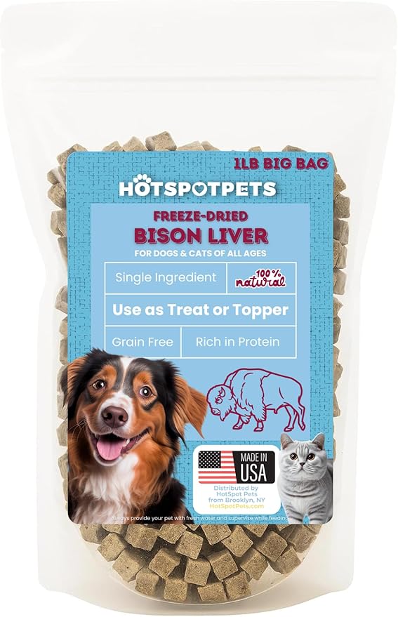 hotspot pets Freeze Dried Bison Liver Treats for Cats & Dogs - 1 Pound Big Bag, Made in USA, Single Ingredient All Natural, Grain-Free - Perfect for Training, Topper or Snack