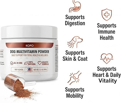 Kopo Dog Multivitamin Powder | Supports Heart, Daily Vitality, Immune Health, Digestion, Skin & Coat and Hip & Joint | For Puppy, Adult & Senior Dogs | Beef Liver Flavor | All Breeds Sizes | 99 Scoops