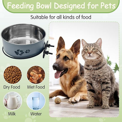 Kathson 2 Pcs Dog Kennel Crate Feeder, Stainless Steel No Spill, Hanging Metal Pet Food Bowl for Cats Small Medium Dogs (Gray)