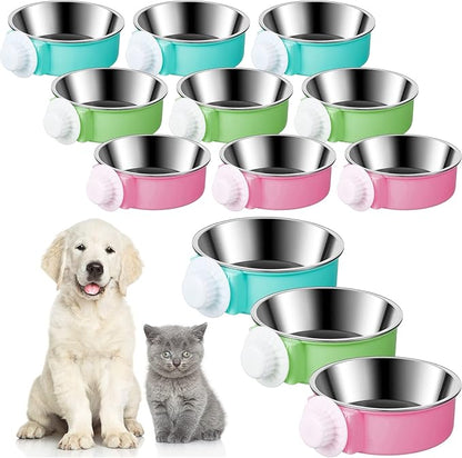 Mimorou 12 Pcs Crate Bowls Bulk Puppy Dog Bowls for Kennel Removable Stainless Steel Crate Water Bowl Kennel Hanging Food Feeders Coop Cup for Cat Puppy Rabbit Birds Ferret Guinea Pigs