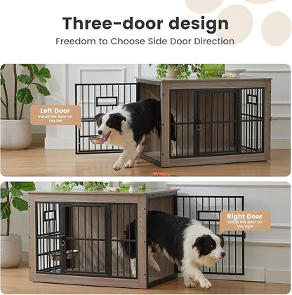 38 Inch Heavy Duty Dog Crate Furniture for Medium Dogs, Decorative Pet House End Table with 3 Doors & Adjustable Bowls, Wooden Cage Kennel Furniture Indoor, Rustic Grey