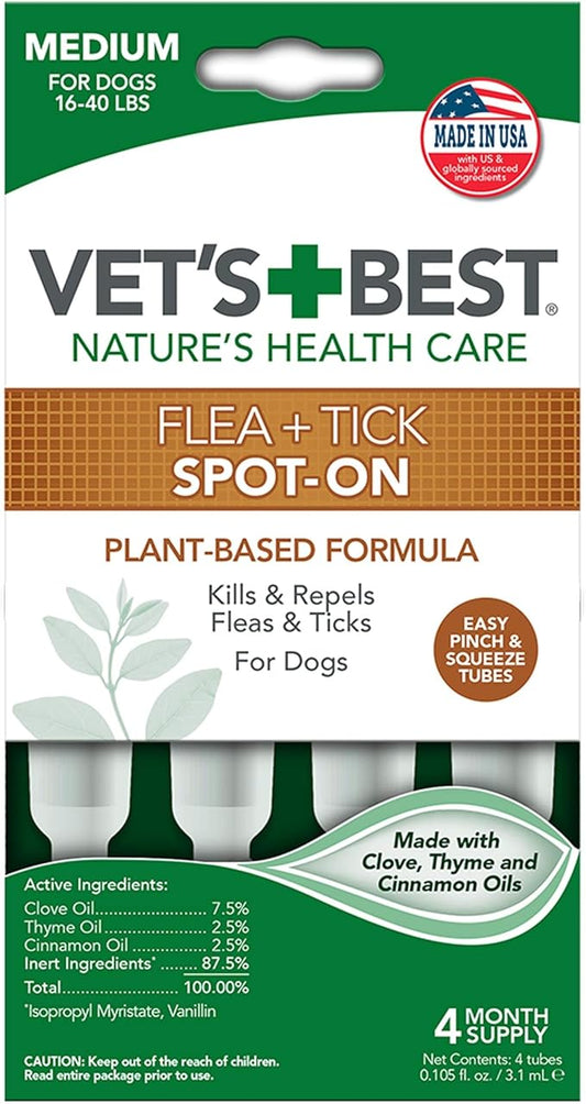 Vet's Best Topical Flea & Tick Treatment for Dogs 16-40lbs, 4 Month Supply