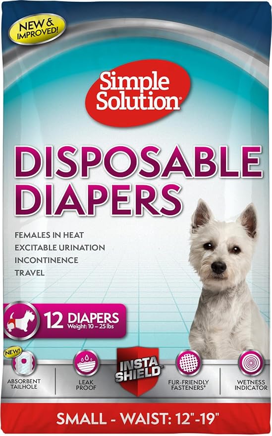 Simple Solution Disposable Female Dog Diapers, Absorbent Leak Proof Protection for Incontinence, Puppy Training, Heat Cycle, Travel, and Housebreaking, Small Dogs, 15–19 Inch Waist, 12 Count