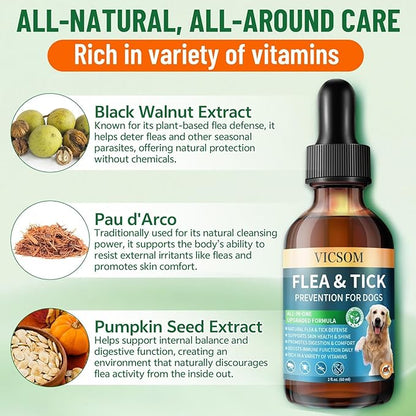 Natural Flea and Tick Prevention for Dogs, Oral Herbal Dog Flea and Tick Treatment Drops with Pumpkin Seed & Black Walnut for Dogs, Skin & Coat Care - Digestive & Immune for All Breeds and Ages, 60ml