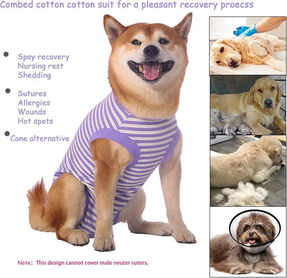 Dog Recovery Suit Female Spay Male Surgery Recovery X-Large Shirt,Soft Combed Cotton Puppy Suit,XL Purple-White Striped