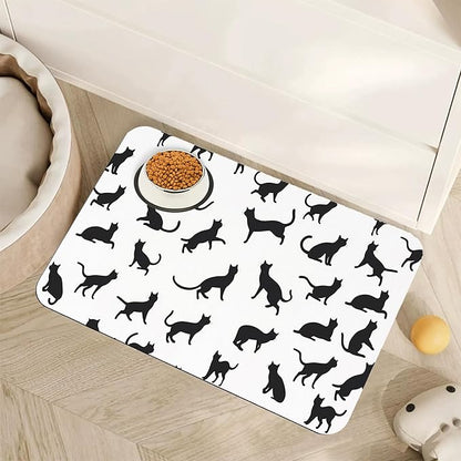 Funny Black Cat Dog Food Mat,Absorbent Pet Feeding Mat with Rubber Backing,Non-Slip Water Bowl Placemat,Indoor Pet Accessories Supplies 12"x20"