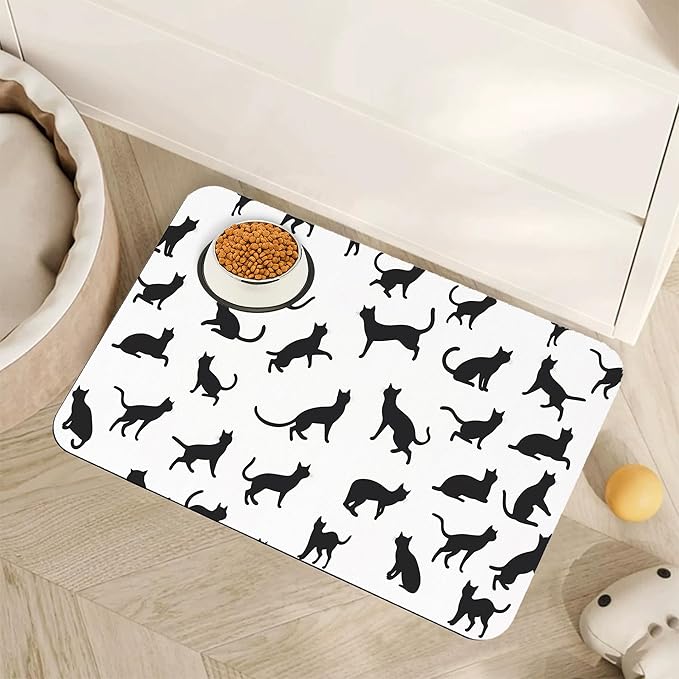 Funny Black Cat Dog Food Mat,Absorbent Pet Feeding Mat with Rubber Backing,Non-Slip Water Bowl Placemat,Indoor Pet Accessories Supplies 16"x24"