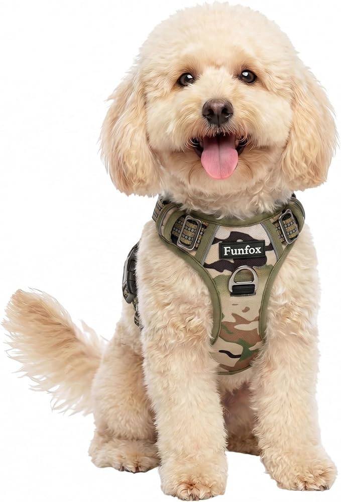 Funfox Dog Harness No Pull, Adjustable Pet Vest Harness, Super Soft Material with Vertical Handle Easy Control, Reflective Night Walking, 2 Leash Clips for Small Sized Dogs, Camo Green, S