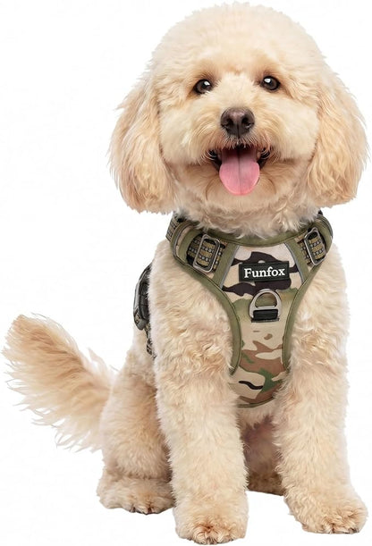 Funfox Dog Harness No Pull, Adjustable Pet Vest Harness, Super Soft Material with Vertical Handle Easy Control, Reflective Night Walking, 2 Leash Clips for Small Sized Dogs, Camo Green, S