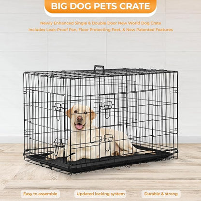 PayLessHere Large Dog Crate Kennel for Medium Large Dogs Metal Dog Cage Double-Door Folding Travel Indoor Outdoor Puppy Playpen with Divider and Handle Plastic Tray (42 Inch, Black)