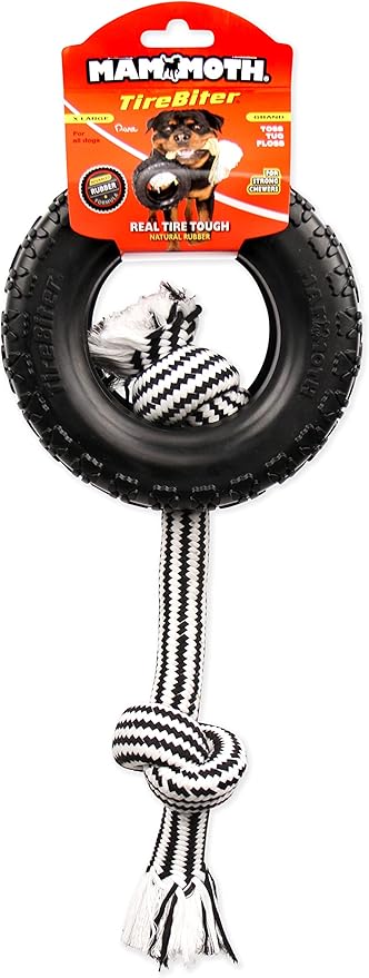 Mammoth Pet Products TireBiterII with Cotton-Poly Rope-Natural Rubber Dog Toys for Extreme Chewers-Dog Toys for Extra Long Interactive Play-Aggressive Chewer Toys for Large-X-Large 7" Black (35018F)