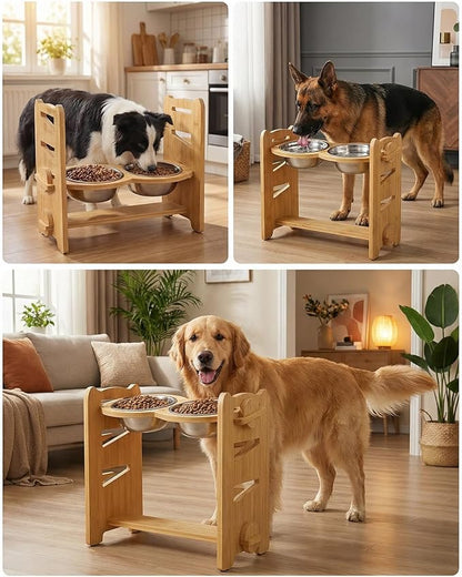Jovrun Elevated Dog Bowls, Adjustable Raised Dog Bowl Stand for Medium Large Size Dogs, 15°Tilted Elevated Dog Bowls, Durable Bamboo Dogs Feeder with 2 Stainless Steel Bowls and Non-Slip Feet