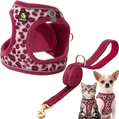 BELLA & PAL Step in Vest Harness for Small and Medium Dogs, No Pull Small Dog Harness with Leash Set, Comfortable Air Mesh Dog Vest Harness with Reflective Strip (Pink Leopard, S)