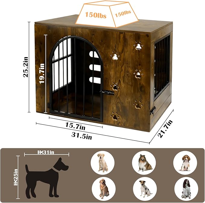 Dog Crate Furniture for Small Medium Dogs, Heavy Duty Wood Metal Indoor Dog Kennel with Bowls, Decorative Pet Cage Dog House as TV Stand, Brown