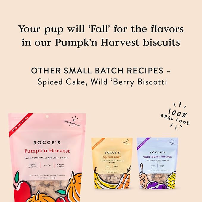 Bocce's Bakery Natural, Small Batch, Organic Dog Treats, Pumpk'n Harvest Biscuits, Wheat-Free, Limited-Ingredient, Made in The USA with 100% Recyclable Packaging, 12 oz Bag