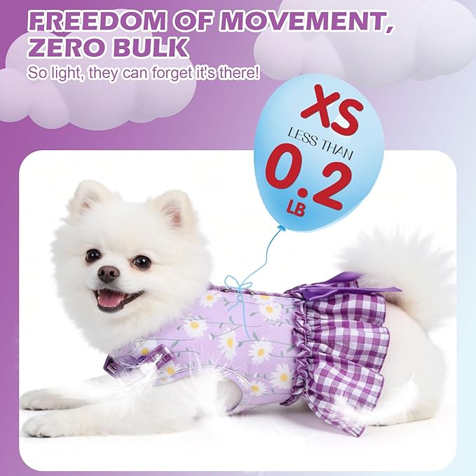 EXPAWLORER Dog Harness Small Medium Sized Dogs, Daisy Dog Dress Bowknot Harness and Leash Set, No Choke No Pull Soft Mesh Vest Cute Princess Puppy Outfits Clothes Costume for Girls Party Cats Purple S