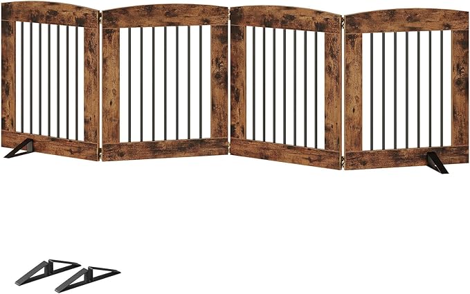 HOOBRO Indoor Dog Gate with Support Feet, 24 Inch 4 Panels, Freestanding Pet Gate for Doorway, Stairs, Folding Dog Fence, 360° Hinge for Easy Access, Sturdy Iron Pipe, Rustic Brown BF54PP03