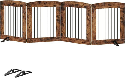 HOOBRO Indoor Dog Gate with Support Feet, 24 Inch 4 Panels, Freestanding Pet Gate for Doorway, Stairs, Folding Dog Fence, 360° Hinge for Easy Access, Sturdy Iron Pipe, Rustic Brown BF54PP03