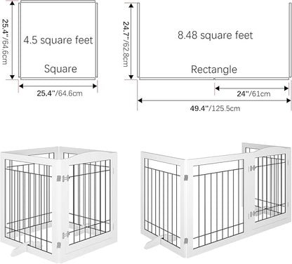 Vantas Folding Pet Gate 96" Wide, 30" Tall No-Assembly Wooden Dog Gate with Door Walk Through, Freestanding Wire Pet Puppy Safety Fence, with 2PCS Support - White