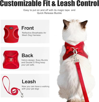 PetiFine Cat Harness and Leash Set,Escape Proof Kitten Harness Reflective,Soft Lightweight Puppy Harness for Walking and Travelling(XXS, Red)