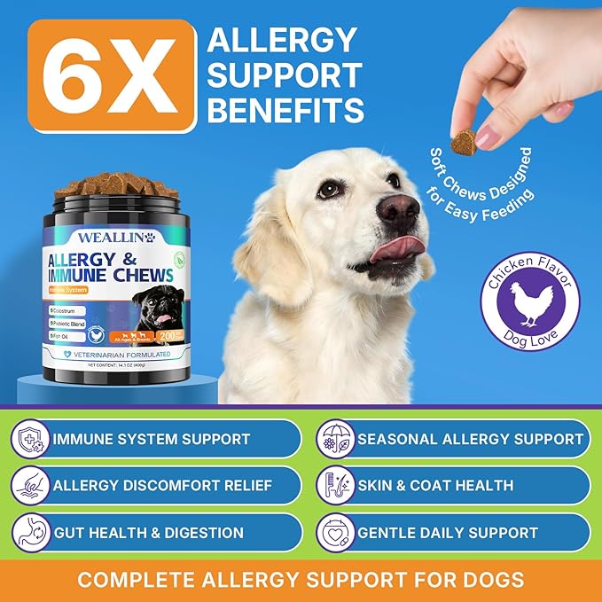 Dog Allergy Relief Chews, 200 Treats Anti-Itch Allergy Soft Chews for Dogs with Probiotics & Omega 3 Fish Oil, Itchy Skin Relief, Immune Support, Paw Licking Itchy Ears & Hot Spots, Seasonal Allergies