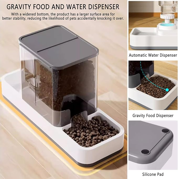 kathson Gravity Cat Food and Water Dispenser Automatic Dog Feeder Waterer 2 in 1 Auto Pet Food and Water Bowl Set Self Feeding for Puppy Kitten，Grey