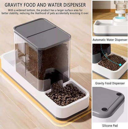 kathson Gravity Cat Food and Water Dispenser Automatic Dog Feeder Waterer 2 in 1 Auto Pet Food and Water Bowl Set Self Feeding for Puppy Kitten，Grey