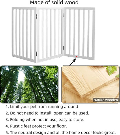 ZJSF Freestanding Indoor Dog Gate for House Foldable Wood White Puppy Gate for Doorways Pet Gate for Stairs Extra Wide Pet Fence 32" Height 3 Panels
