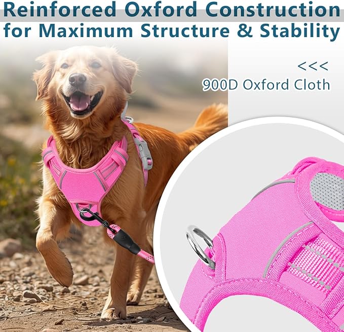 BARKBAY Dog Harness No Pull Oxford with ID Tag Pocket - Heavy Duty, Reflective, Easy Control for Large Dogs(Pink Oxford,L)