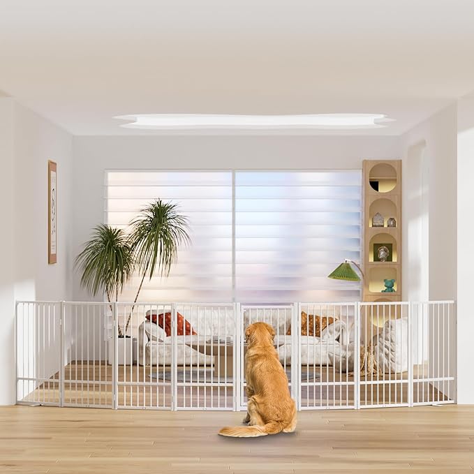 SNUOWU Full Metal Freestanding Dog Gate with Door, 36''Height Foldable Pet Dog Fence for Indoor & Outdoor, 8 Panels Extra Wide Free Standing TallDog Gates for Doorways,House,Stairs,Porch,Deck,Yard