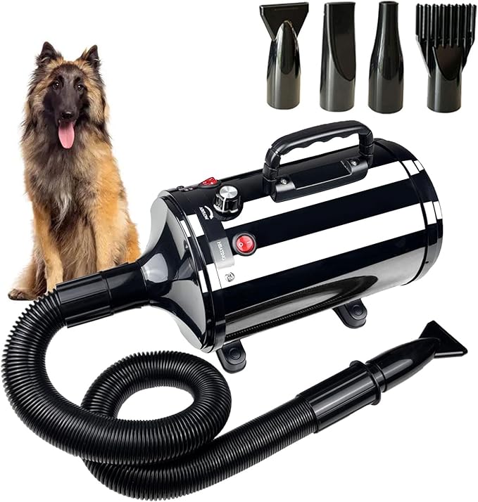 High Velocity Professional Dog Grooming Dryer,Adjustable Temperature and Speed Hair Dryer for Pets with 4 Nozzles