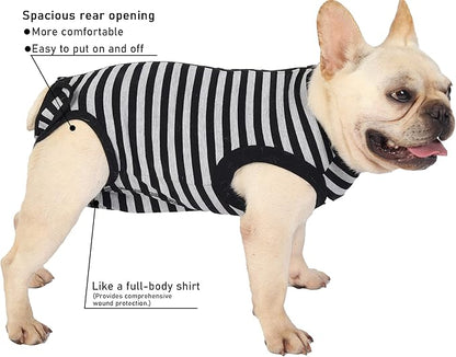 Dog Recovery Suit,Surgery Female Male Large Shirt,Spay,Neuter Recovery Clothes,Zipper Closure Cotton Striped Wounds Protect Suit,Black Striped XXL