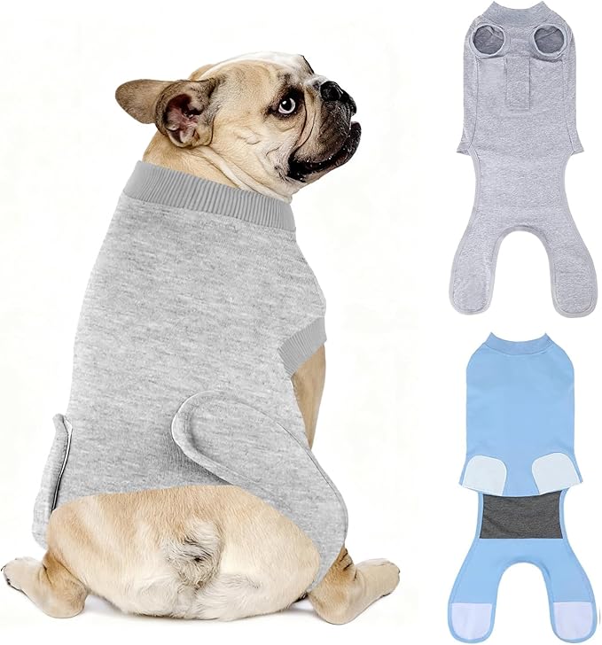 2 Packs Breathable Cotton Dog Recovery Suit for After Neuter Spay Abdominal Wounds Protector, Professional Anti-Licking Onesies for Male Female Pets Surgery Bandages, S Grey Blue Pure