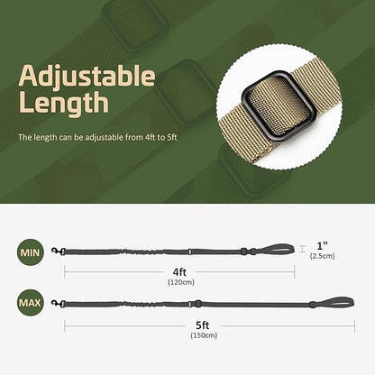 Forestpaw Tactical Dog Leash for Large Dogs,Heavy Duty Bungee Dog Leash with Shock Absorption,2 Padded Handles for Training Running Walking,Adjustable 4-5FT,Khaki