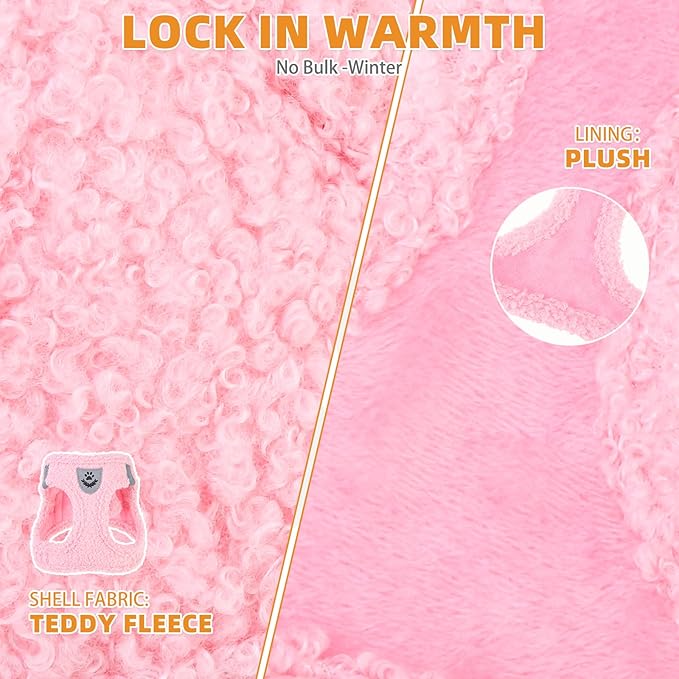 KOOLTAIL Plush Small Dog Harness and Leash Set, Warm Fleece No Pull Puppy Vest for Winter, Lightweight Reflective Step in Pet Harness for Medium Sized Dogs Boy Girl Outdoor Walking Cute Soft, Pink S