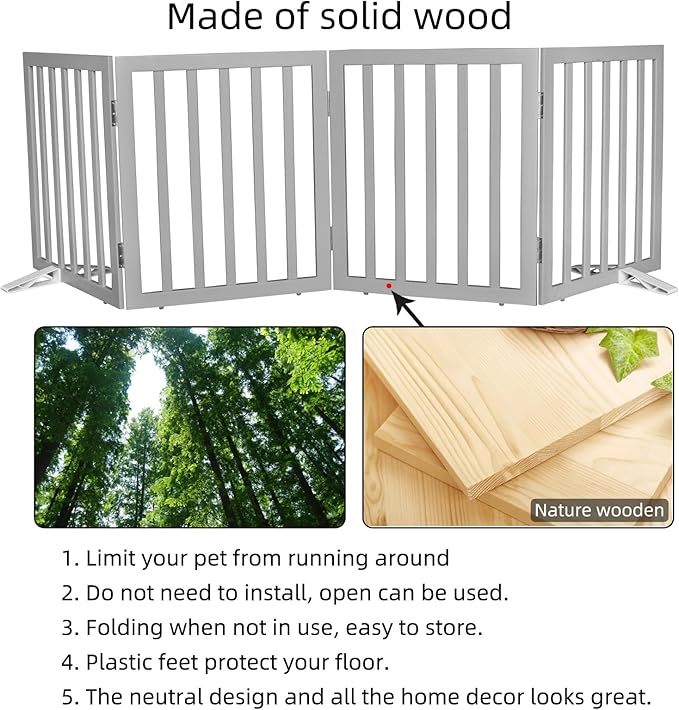 ZJSF Freestanding Indoor Dog Gate for House Foldable Wood Puppy Gate for Doorways Pet Gate for Stairs Extra Wide Pet Fence, Grey, 24" Height 4 Panels