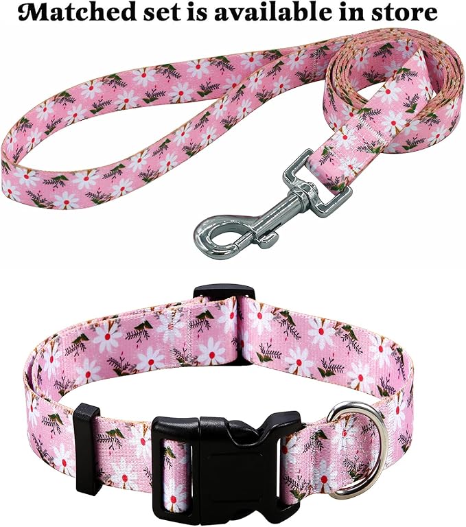 Mihqy Dog Collar with Bohemia Floral Tribal Geometric Patterns - Soft Ethnic Style Collar Adjustable for Small Medium Large Dogs (Pink White Flower,M)