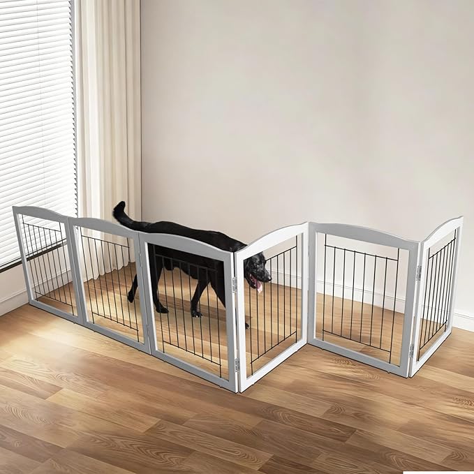 ZJSF Freestanding Foldable Dog Gate for House Extra Wide Wooden Grey Puppy Gate Stairs Dog Gates Doorways Tall Pet Gate 24" Height 6 Panels Pet Fence