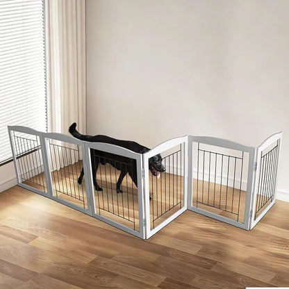 ZJSF Freestanding Foldable Dog Gate for House Extra Wide Wooden Grey Puppy Gate Stairs Dog Gates Doorways Tall Pet Gate 24" Height 6 Panels Pet Fence